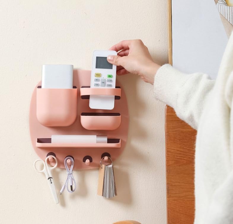 Self-Adhesive Remote Control Storage Box Wall-Mounted for Home, Office, Remote, Pen, Key, Toothbrush, Phone Charging Mini Storage Boxes Multi-functional Creative Storage Shelves (PINK)