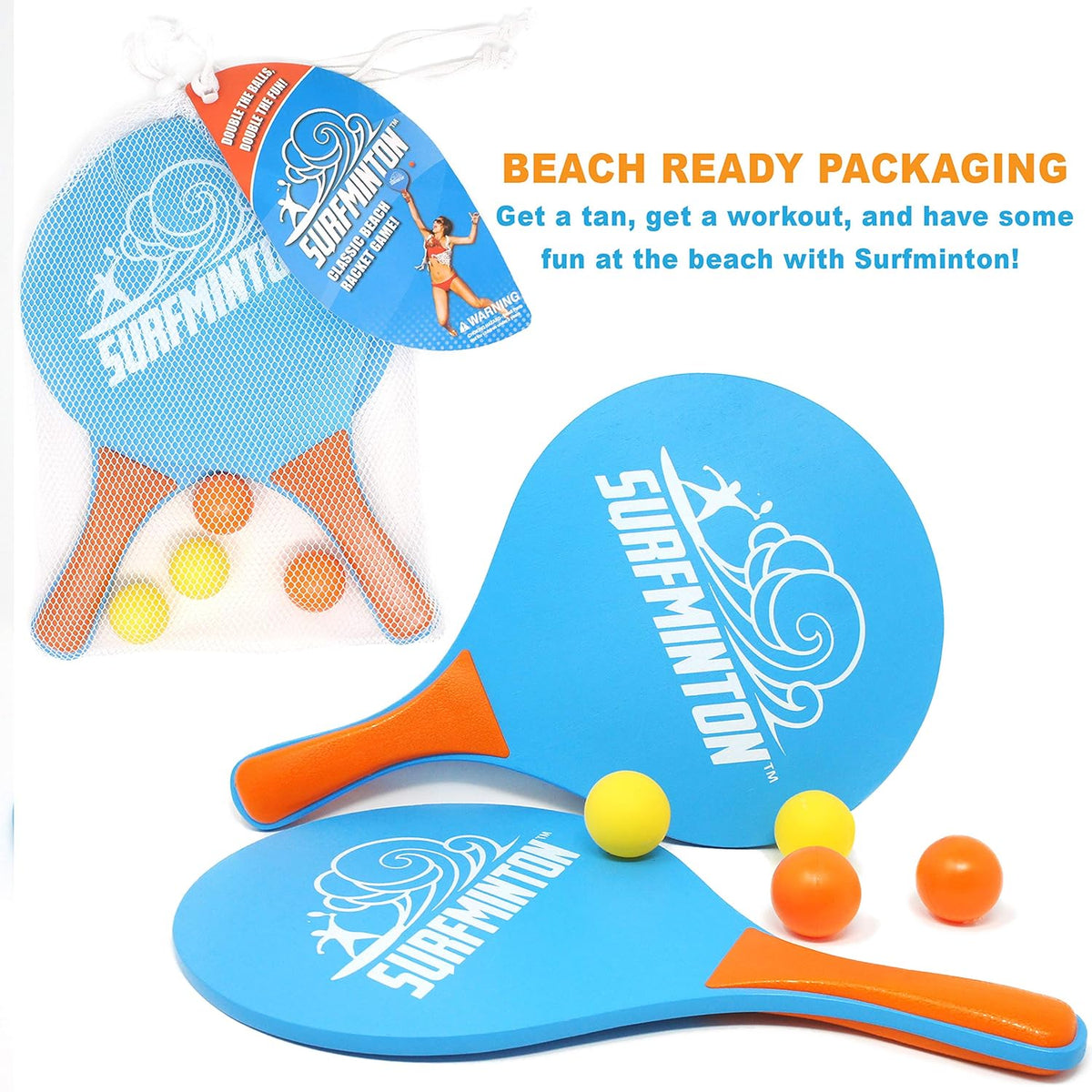 VIAHART Surfminton Classic Beach Tennis Wooden Paddle Game Kadima Smashball Set