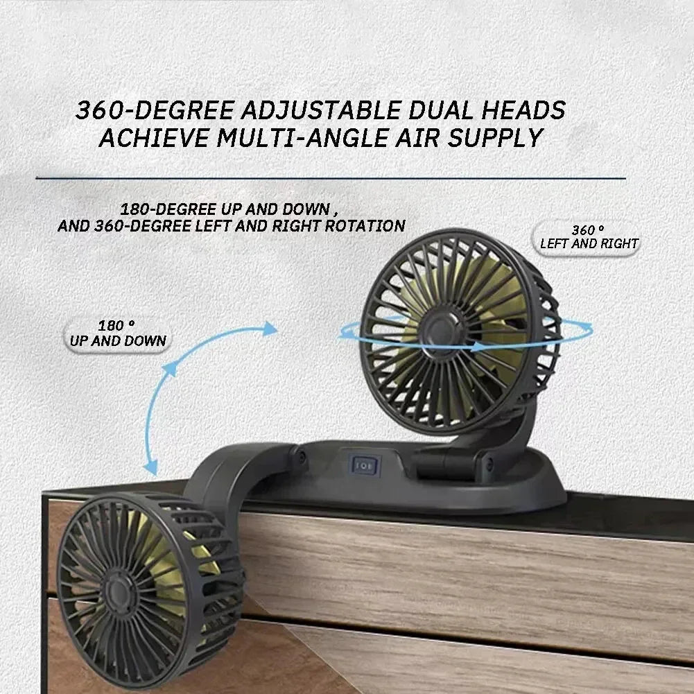 Universal Dual-Head USB Car Fan - 5V/12V/24V, 2-Speed Settings for Efficient Auto Cooling & Ventilation