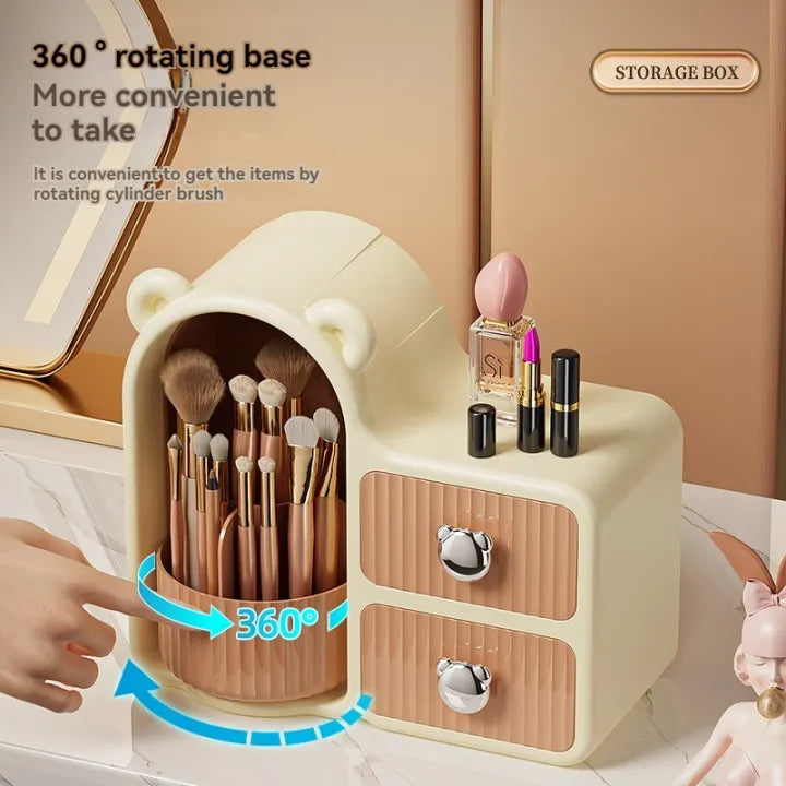Rotating 360° Makeup Organizer Box Dust-Proof Beauty All in One Cute Bear Box