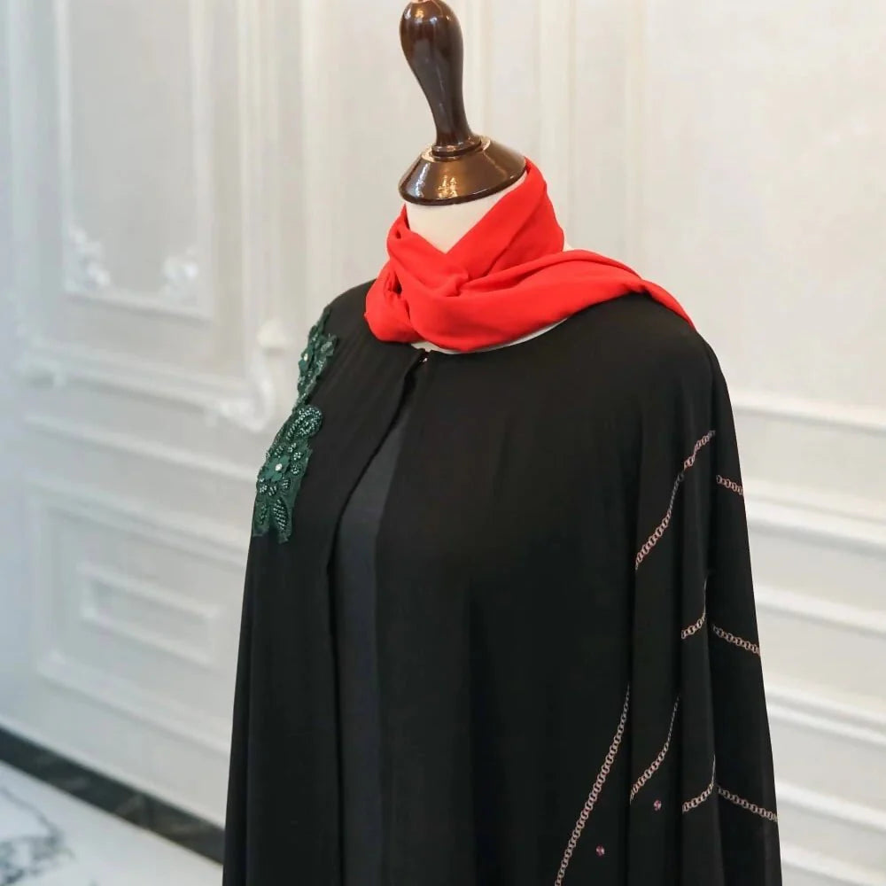 Black silk with chiffon motive Abaya - AlifdukanZoyera.pk types here :)