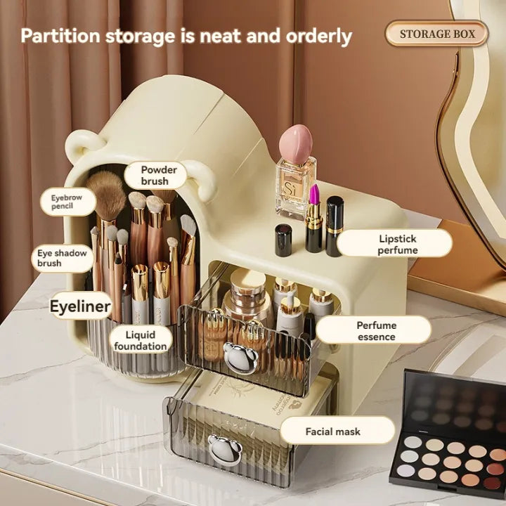 Rotating 360° Makeup Organizer Box Dust-Proof Beauty All in One Cute Bear Box