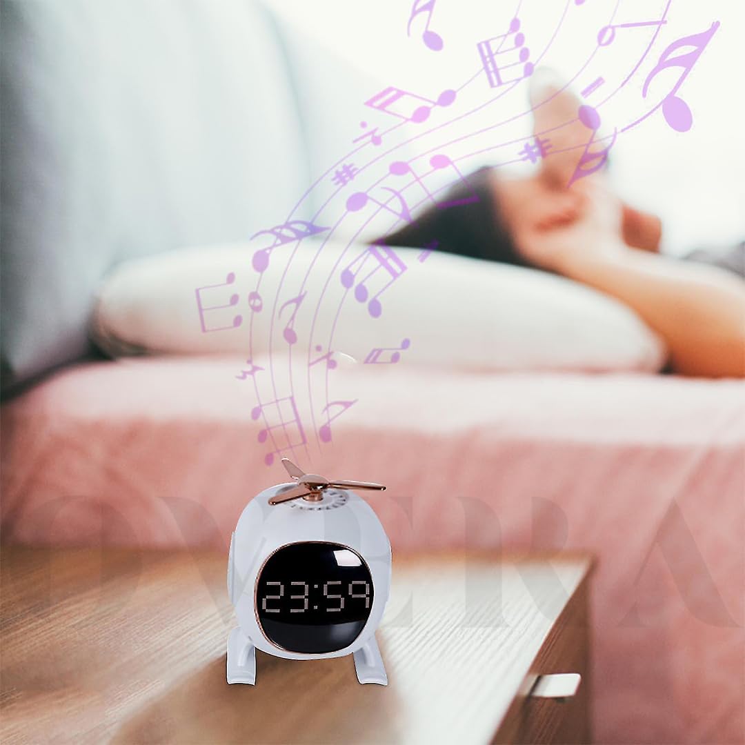 Overa Alarm Clock Radio, Fast Wireless Phone Charger with Bluetooth, Wall Clock Fan Alarm Speaker Sound USB Port, Dual Alarm, Sleep Timer, Snooze, Dimmer (White)