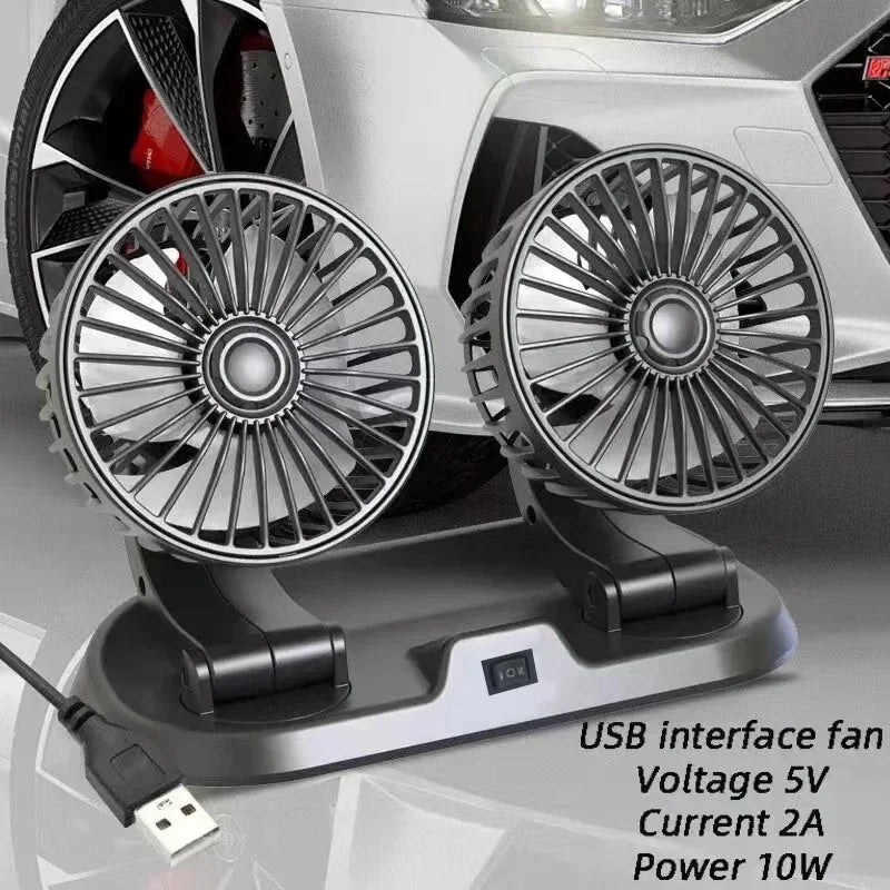Universal Dual-Head USB Car Fan - 5V/12V/24V, 2-Speed Settings for Efficient Auto Cooling & Ventilation